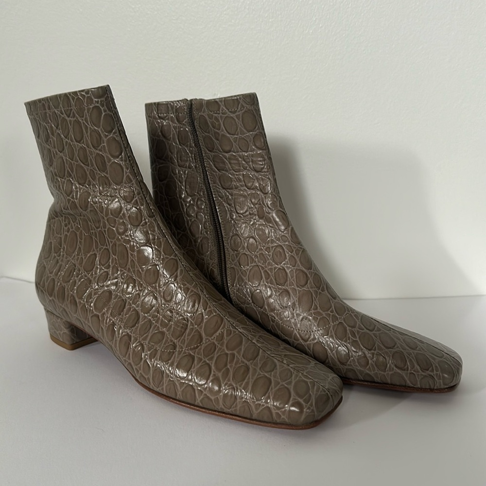By Far Este Taupe Crocodile Texture Leather Square Toe Ankle Boot